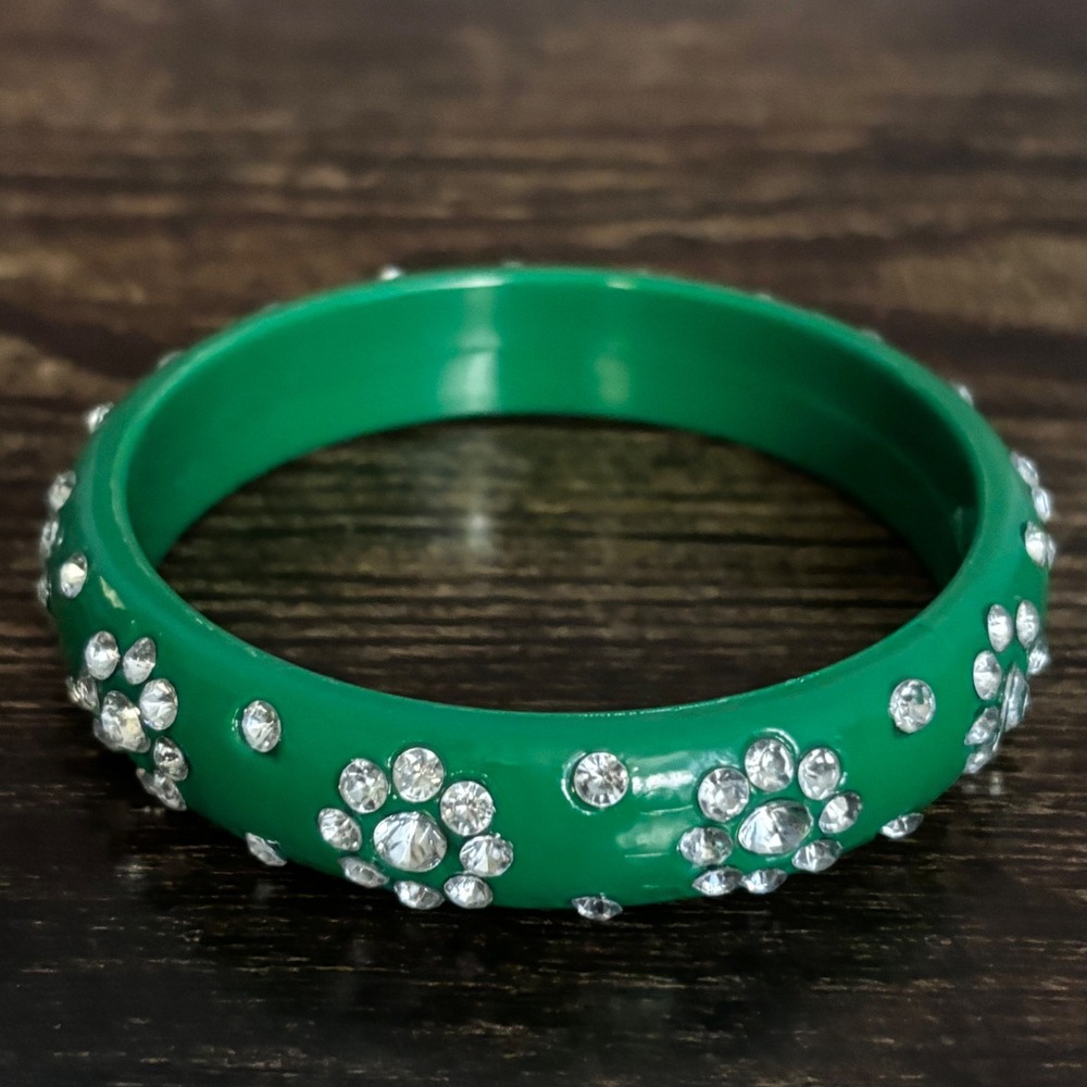 Green Resin Bangle Bracelet with Rhinestone Flower Detail Sparkly Slip On